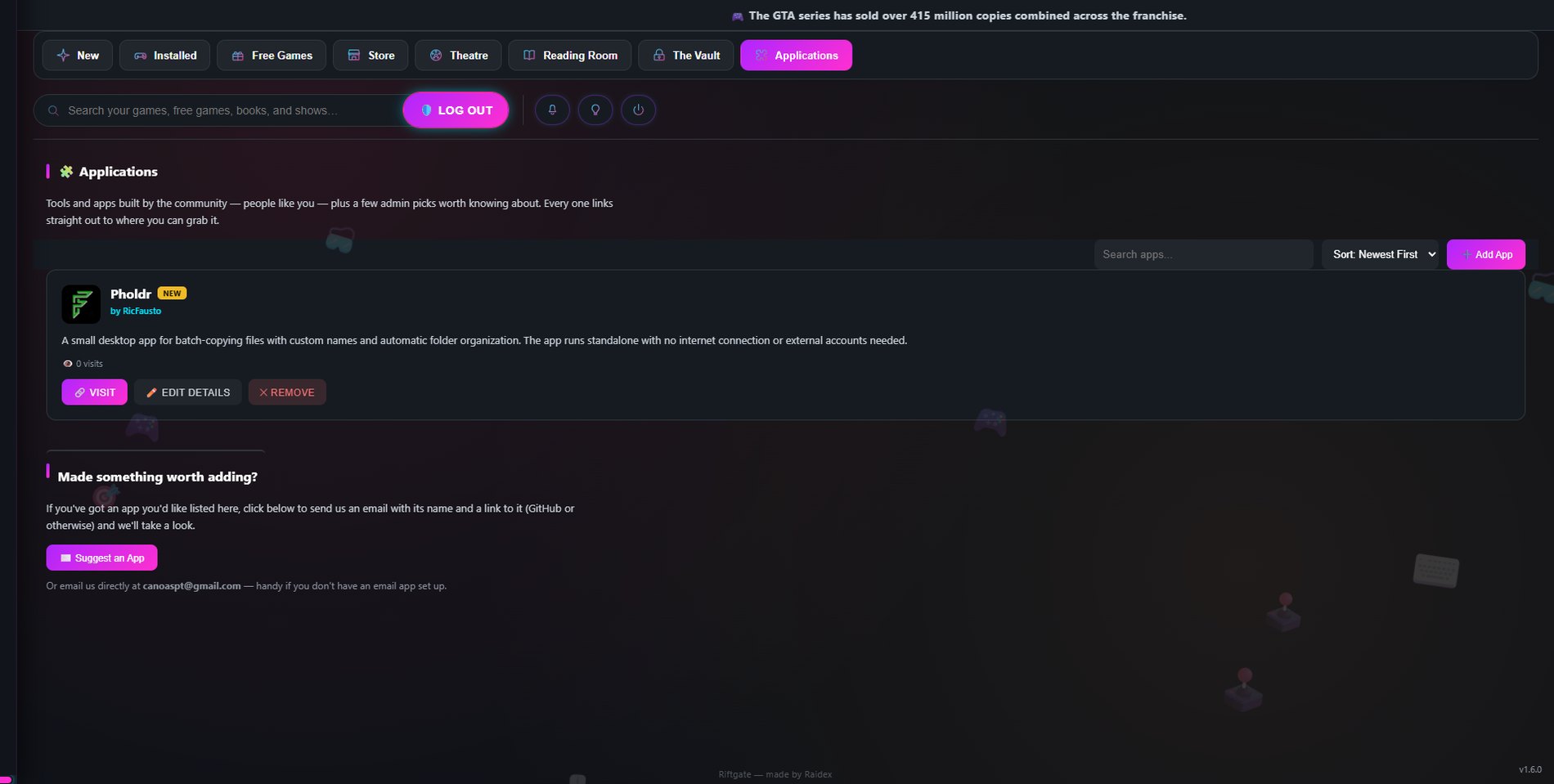 Riftgate's Applications section showing a community-built app with its creator credit