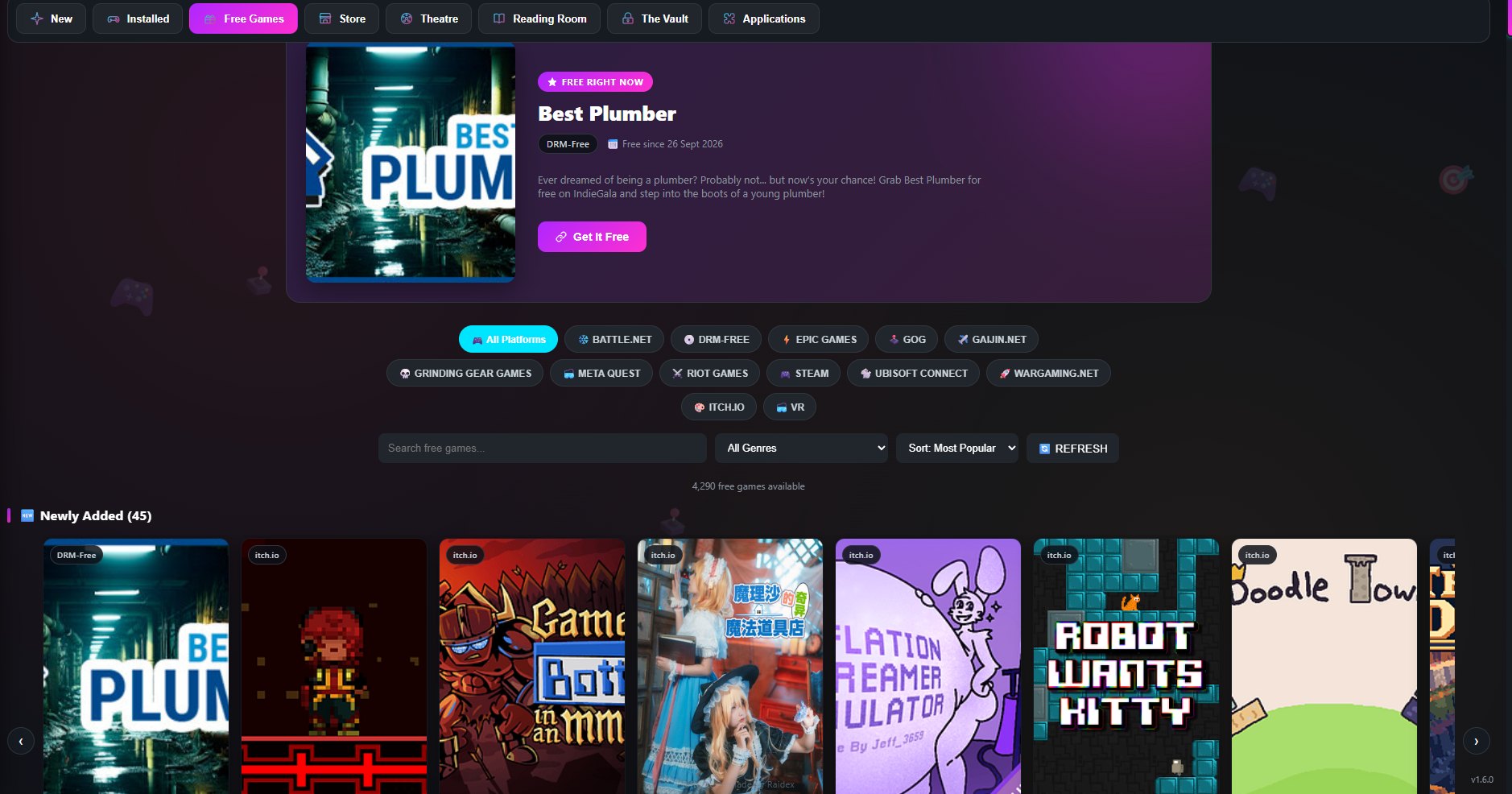 Riftgate's Free Games section showing today's free spotlight game, platform filters and newly added free games