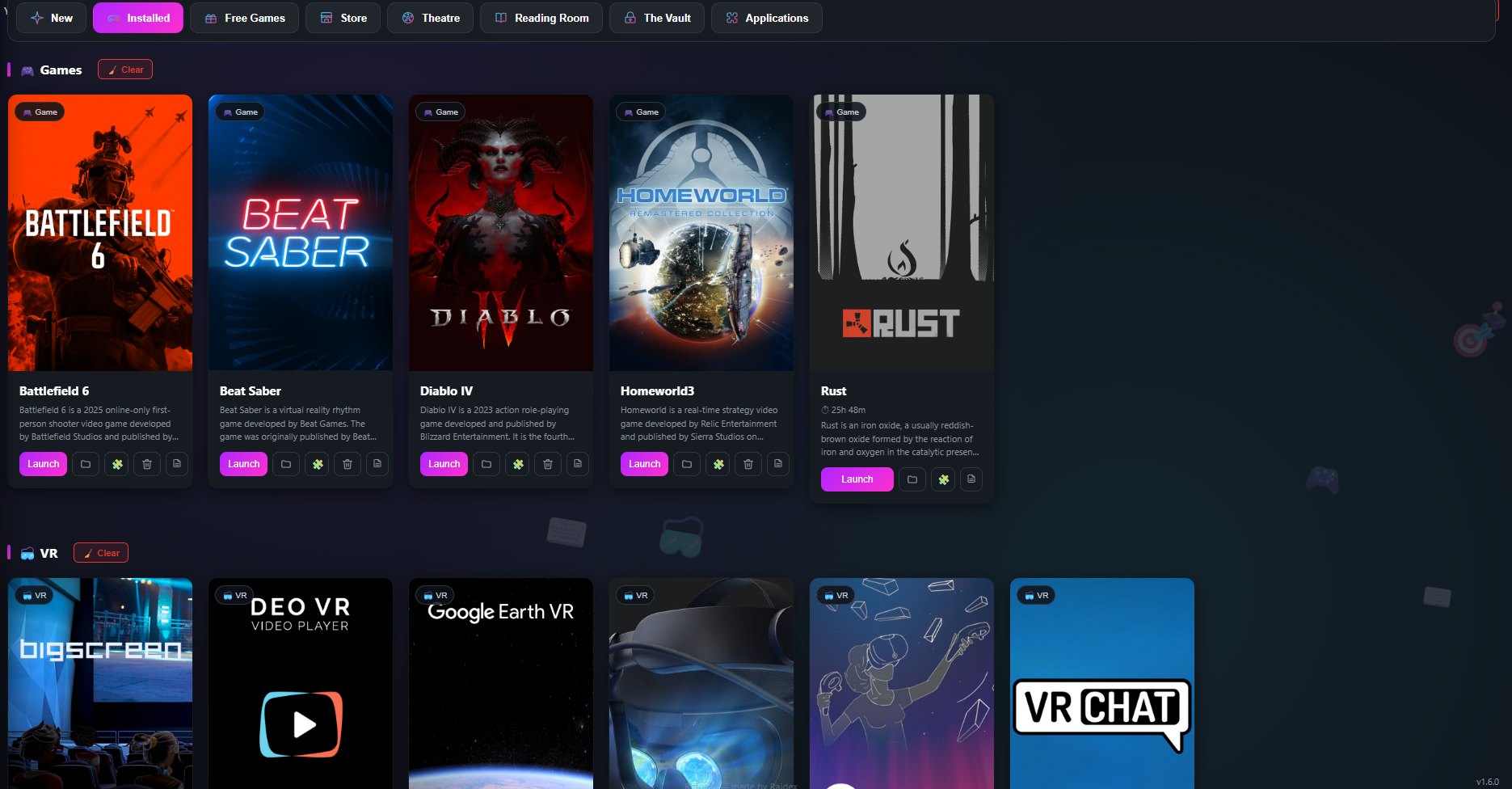 Riftgate's Installed Library showing games like Battlefield 6, Beat Saber, and Diablo IV