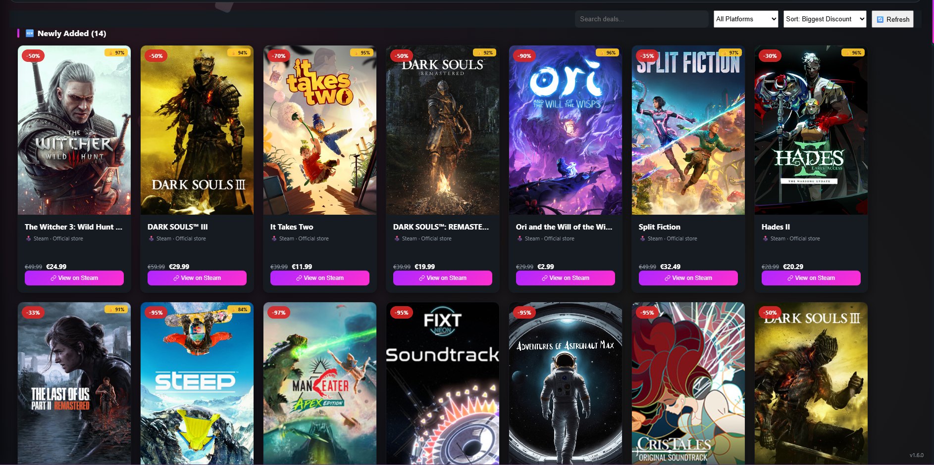 Riftgate's Store section showing discounted games like The Witcher 3, It Takes Two and Hades II
