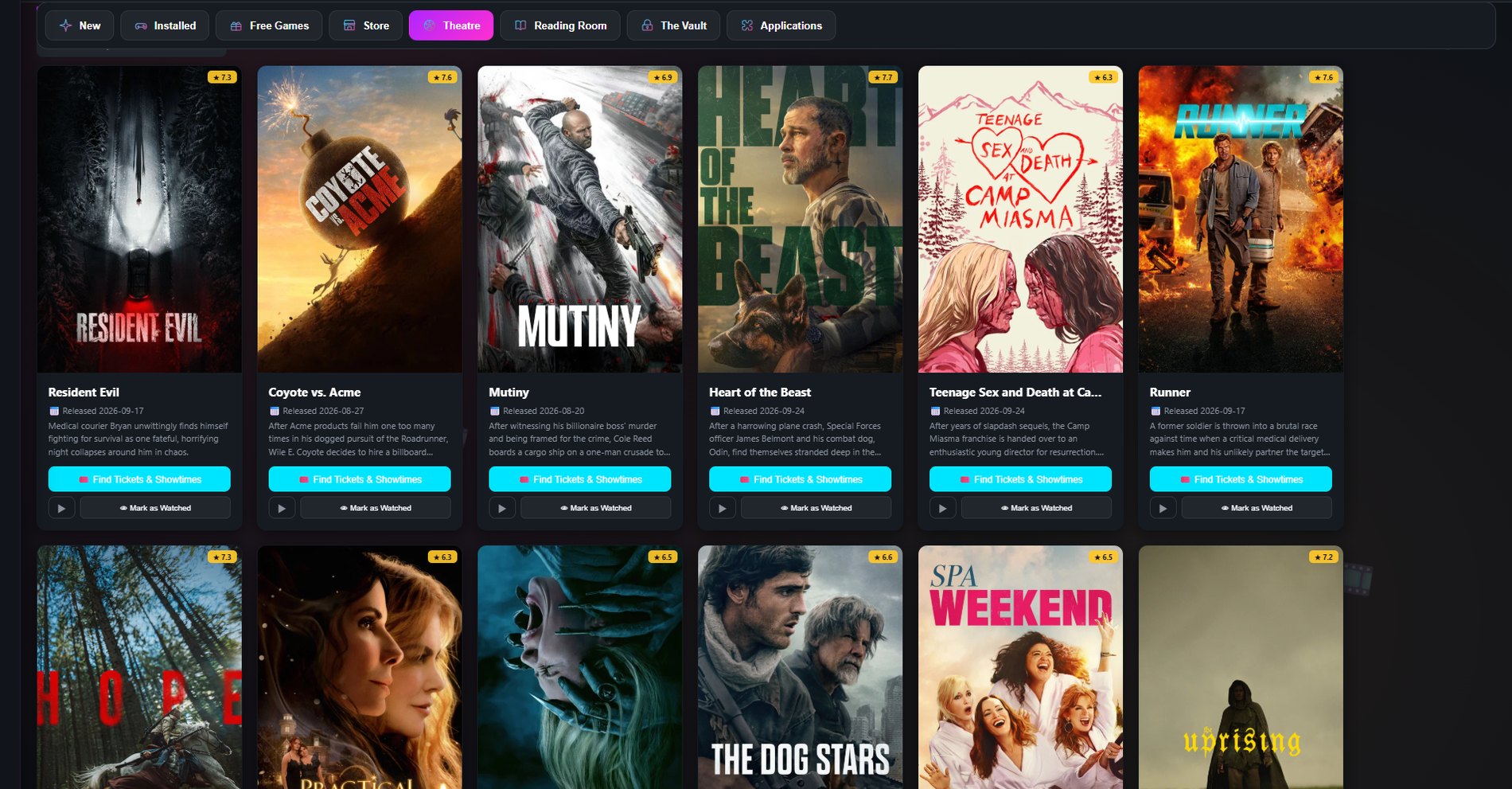 Riftgate's Theatre section showing movies in theaters with ratings and showtime links